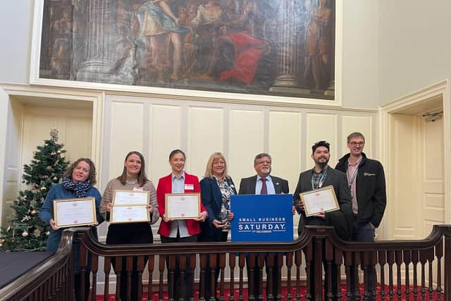 (Left to right) Karen Williams, Abbie Todd, Cristina Paunoiu, Cllr Helen Howell, Pritesh Ganatra, David McClatchey and Peter Robinson