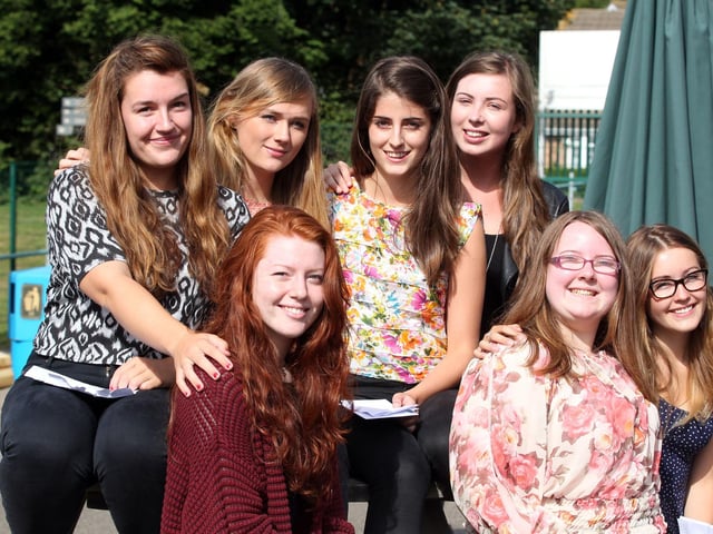 2013 - A Levels - Northampton School for Girls, Spinney Hill Road, Northampton. Front L-R Phillipa Costello, Beth Mabbutt and India Rand. Back L-R Elizabeth Hannah, Lucy Robinson, Bethany Warner and Sophie Wing.