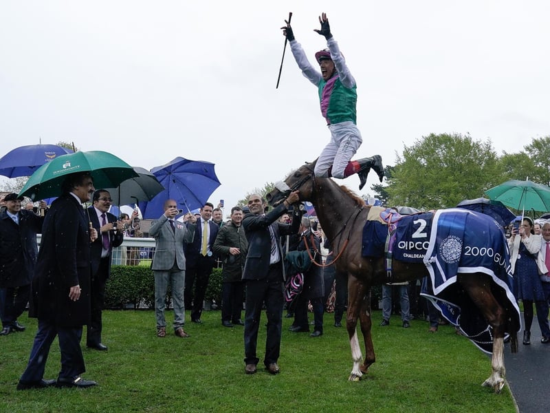 Frankie Dettori treats the crowd to one of his famous flying dismounts after steering Chaldean to victory in the first Classic of the Flat season, the Qipco 2000 Guineas at Newmarket last month. Will he be repeating the celebration after Tuesday's Group One St James's Palace Stakes for the best 3yo milers in Europe? Andrew Balding's son of the mighty Frankel is a hardy, consistent type and now faces an acid test against the Irish Guineas winner, Paddington, and the French Guineas runner-up, Isaac Shelby.