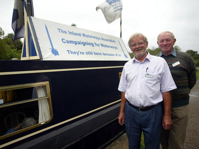 Roger Hasdell (left) of IWA Northampton and Bill Joyce, Chairman of the Grand Junction Region of the IWA with the boat Jubilee at Stoke Bruerne Canal Museum. They are celebrating 60 years. Pictured in 2006