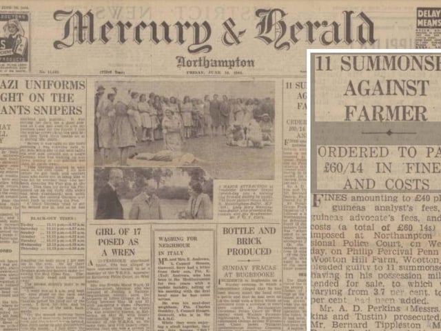 The Mercury & Herald of June 14, 1944, reported the case of farmer Philip Percival Penn, 32, of Wootton Hill Farm in Wootton, who was fined over £60 after 11 samples of milk from his farm were found to have been watered down. The case occurred amid tight rationing in Britain, with access to basic food supplies already very restricted for most people.