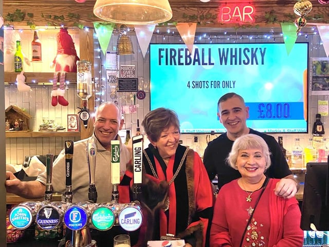 From left to right, local business man George Maddison of 24 Seven Gas Plumbing & Heating Service, The Mayor Councillor Jane Birch, landlord of The Old Bank Markie Prendiville, councillor Farzana Aldridge.