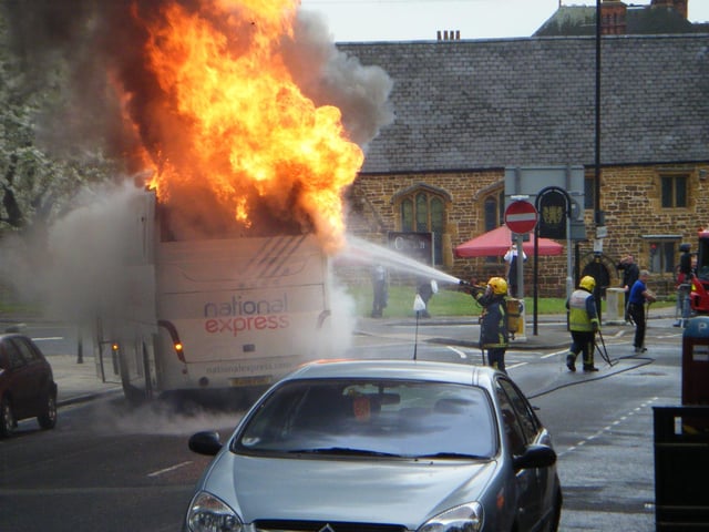 April 2010 - A town centre street was sealed off after a National Express coach caught fire in Northampton.