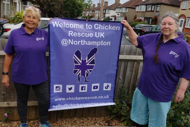 Jacquie Breakwell (left), who runs the Chicken Rescue Northampton collection point, and her sister Jeroslymis Gold (right).