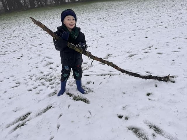 A huge stick and lots of snow.