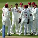 Northants bowler Ben Sanderson celebrates with team mates after taking the wicket of Pieter Malan during the LV= Insurance County Championship Division One win over Middlesex at the County Ground in April (Picture: David Rogers/Getty Images)