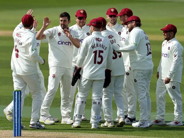Northants bowler Ben Sanderson celebrates with team mates after taking the wicket of Pieter Malan during the LV= Insurance County Championship Division One win over Middlesex at the County Ground in April (Picture: David Rogers/Getty Images)