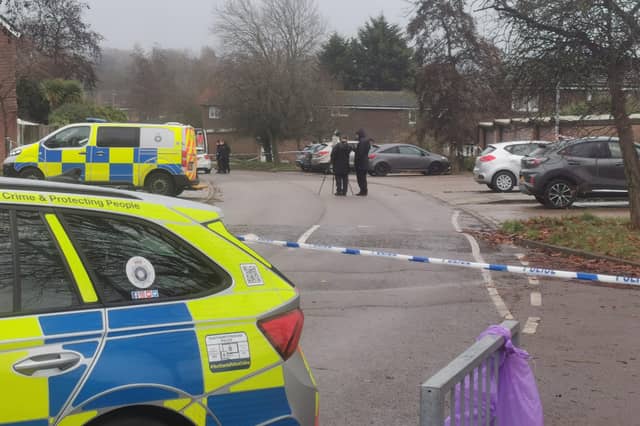 This was the crime scene in Flaxwell Court, Standens Barn, on Thursday at 3pm, where police were investigating the murder of a man in his 20s.