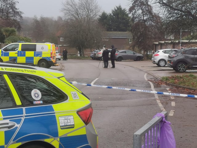 This was the crime scene in Flaxwell Court, Standens Barn, on Thursday at 3pm, where police were investigating the murder of a man in his 20s.