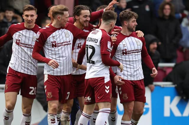 What a hit! Jack Sowerby's sensational volley secured all three points for the Cobblers on Saturday. Pictures: Pete Norton.