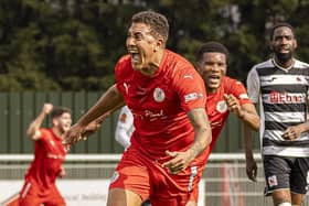 Club legend Glenn Walker had the honour of scoring the winning penalty as Brackley Town made dramatic progress in the National League North play-offs. Picture by Glenn Alcock