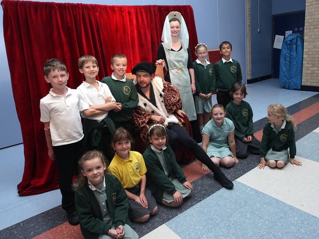 2008 - East Hunsbury Primary School who have gained an Artsmark award. Pictured is a Working Space Theatre company with some of the pupils.