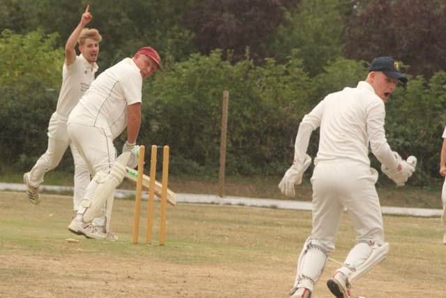 Wicket-taking action from Burton Latimer IIs' Northants Cricket League Division Five win at Raunds Town (Picture: Finbarr Carroll)