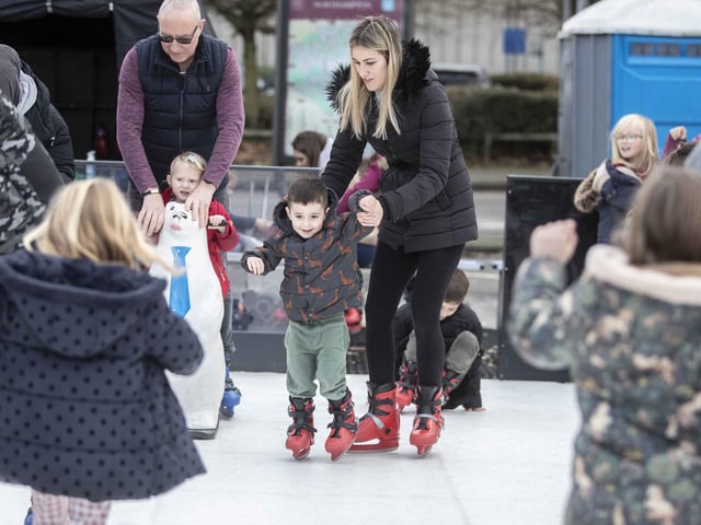 West Northamptonshire Council (WNC) has put on a free ice skating rink at the temporary market, as part of festivities in 2023.
