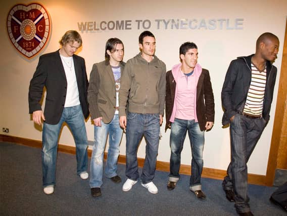 Juho Makela, Mirsad Beslija, Chris Hackett, Bruno Aguiar and Jose Goncalves were part of an infamous unveiling at Hearts in 2006. Picture: SNS