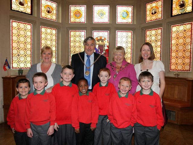 2009: Jane Thorp, specialist speech and language nursery nurse at Spring Lane Primary School, Northampton Mayor and Mayoress Michael and Margaret Hill and Tracey Sullivan, deputy head at Spring Lane Primary School, with pupils from the school at the Mayor's Parlour, the school was awarded an 'outstanding' Ofsted grade for the speech and language provision unit.