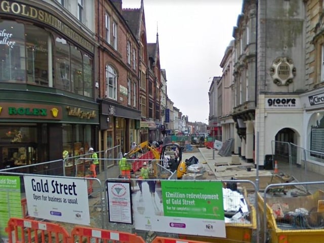 Gold Street. This is the best shot of Gold Street Google had, probably due to the ever changing rules of cars being allowed up and down it. Michael Jones Jeweller (left) still exists today, as well as Circus (right). However, the former Groove nightclub has since closed and so has the Grand Hotel (centre), which is now a Travelodge.