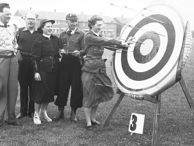 Mixed archery match in the late 1950s or early 1960s at the British Timken sports ground, Duston.