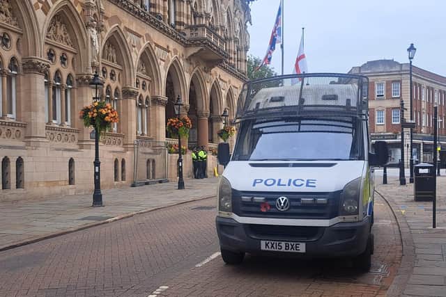 Northamptonshire Police van outside the Northampton Guildhall.
Credit: Nadia Lincoln LDRS