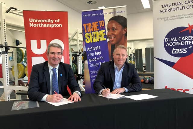Pictured signing the MOU are John Sinclair, Dean of the Faculty of Arts, Science & Technology (left) and Trilogy Leisure managing director, John Fletcher.