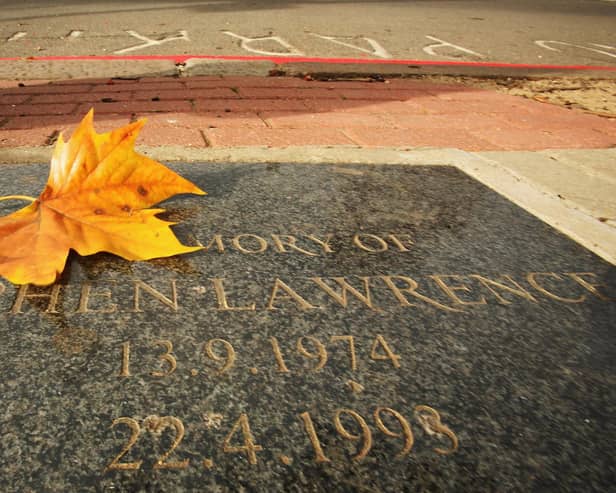 The memorial plaque dedicated to Stephen Lawrence at the scene of his murder in London, England. (Photo Illustration by Daniel Berehulak/Getty Images)