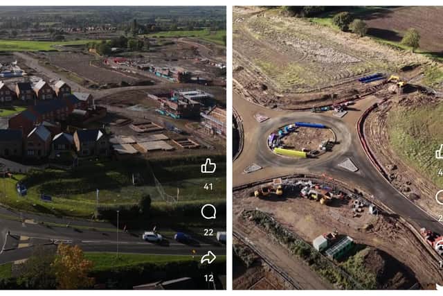 Drone footage of the new housing developments (left) between Harpole and Duston, and the new roundabout being built at Sandy lane (right)