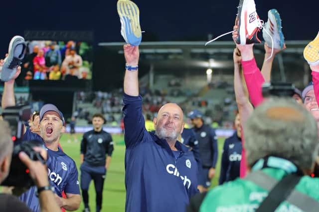 Darren Lehmann celebrates with the Show Army at Edgbaston (Picture: Peter Short)