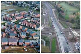 Drone footage shows phase three of Buckton Fields (left), off Brampton Lane, and ongoing works with the £54.5m North West Relief Road (right)