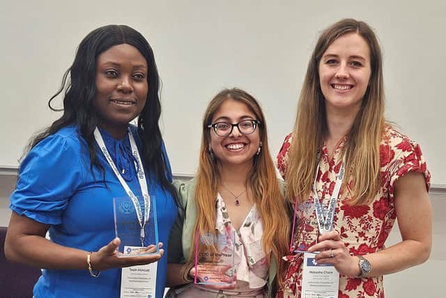L-R Tosin Akinlabi, Ramandeep Kaur and Natasha Chare with their national awards.