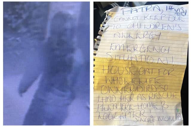 Left: The CCTV image of the woman and Right: The note left with the cat
