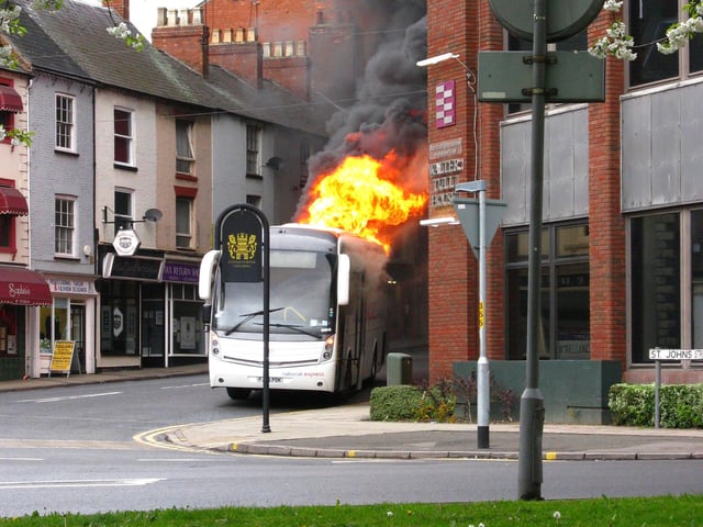 April 2010 - Huge flames and a blanket of smoke poured out of the back of the coach at about 5.45pm before firefighters were called to the scene to extinguish the blaze.