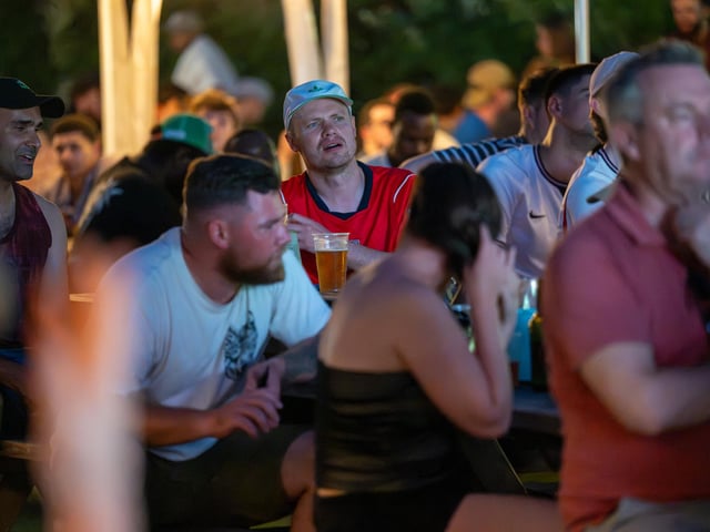 Fans watching England’s 0-0 draw with Ghana in the garden of The Black Prince in Northampton on Tuesday, June 23, 2026. Photo by David Jackson.