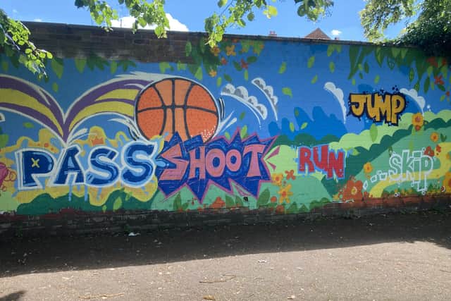 Working alongside Marvin Kudzanai from Lemonpop Workshops, the young people created a bright and positive basketball-themed design near the courts.