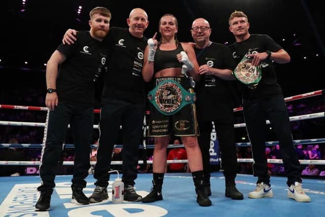 Chantelle Cameron and her new team celebrate the Northampton boxer's win over Elhem Mekhale on Saturday (Picture: Ryan Hiscott/Getty Images)