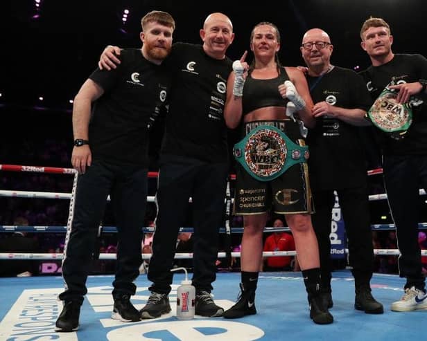 Chantelle Cameron and her new team celebrate the Northampton boxer's win over Elhem Mekhale on Saturday (Picture: Ryan Hiscott/Getty Images)