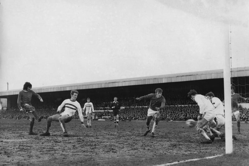 George Best scores the third of his six goals as Manchester United seal an 8-2 win in the fifth round of the FA Cup in 1970.