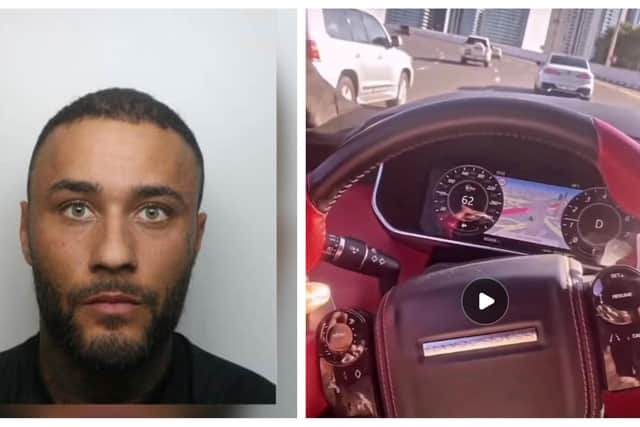Tian Delgado (left) posted a video on social media claiming he was driving to a beach club in Dubai. He is wanted by UK police after being handed  a two-year UK jail sentence on Friday, July 21 for attacking a family in Bugbrooke.