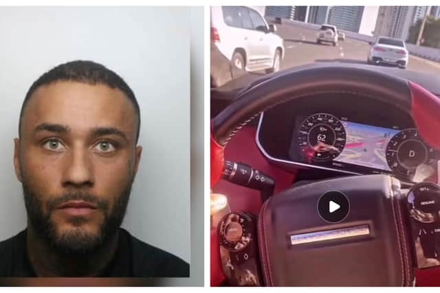 Tian Delgado (left) posted a video on social media claiming he was driving to a beach club in Dubai. He is wanted by UK police after being handed a two-year UK jail sentence on Friday, July 21 for attacking a family in Bugbrooke.