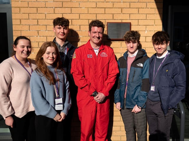 Flight Lieutenant Patrick Kershaw meets Sixth Form students at Guilsborough Academy