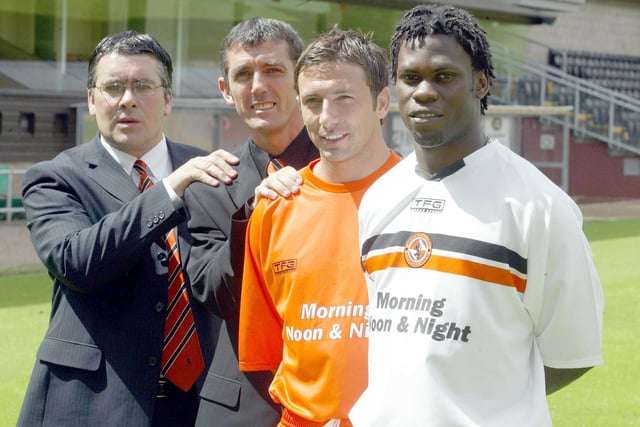 The home shirt, away shirt suit combination for three signings. Collin Samuel, Derek McInnes and Owen Coyle. The latter joined Ian McCall's side mainly in a coaching capacity which explains the suit.