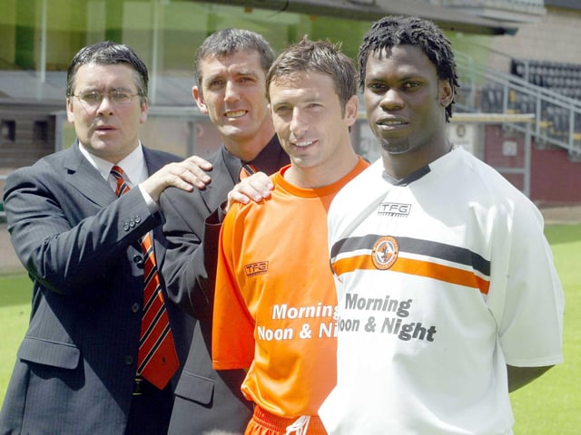 The home shirt, away shirt suit combination for three signings. Collin Samuel, Derek McInnes and Owen Coyle. The latter joined Ian McCall's side mainly in a coaching capacity which explains the suit.