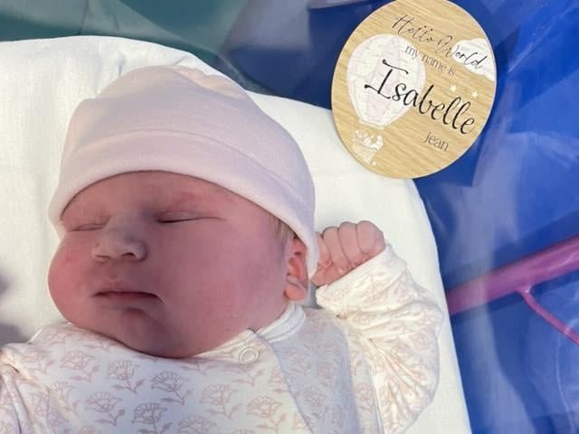 Isabelle Jean born at 10.17am on April 14 at Kettering General Hospital, weighing 11lbs 3oz.
