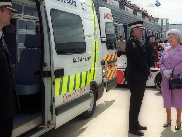Queen's Visit 2001 to Corby at the opening of Rockingham Motor Speedway - meeting St John Ambulance staff