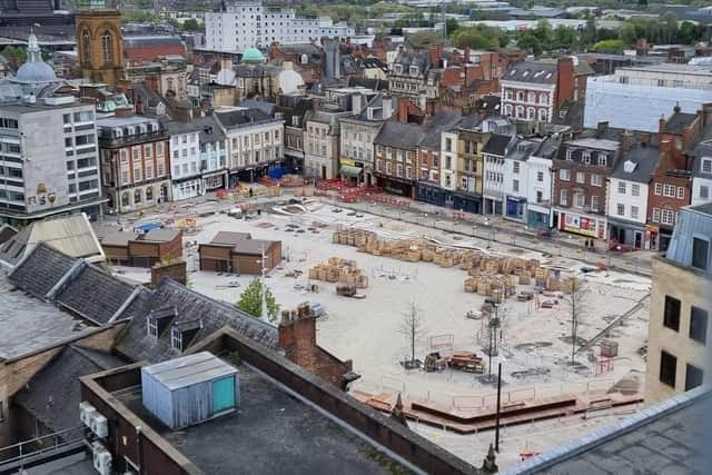 Here's how the Market Square is currently looking. Photo taken on April 24. The cabins can be seen in the bottom left of the image.