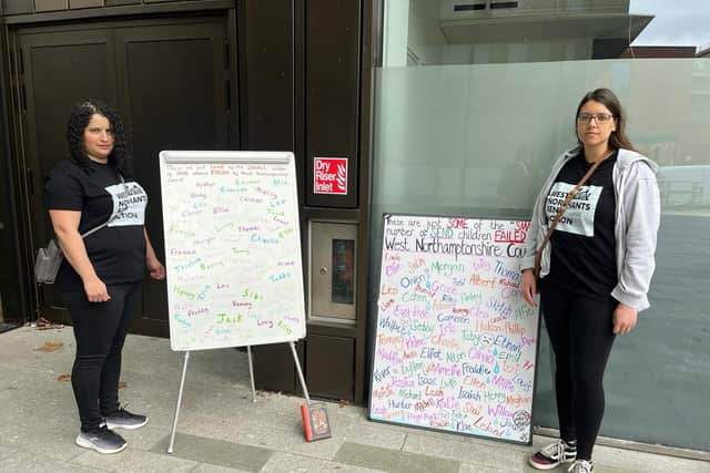 Lauren Bunting (right) co-founder of West Northants SEND Action Group outside the council offices.