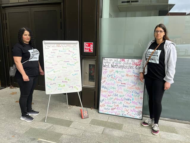 Lauren Bunting (right) co-founder of West Northants SEND Action Group outside the council offices.