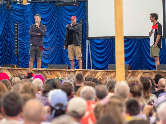 Led By Donkeys talking to a packed Talu tent at the Shambala Festival on Friday, August 28, 2026. Photo by David Jackson.