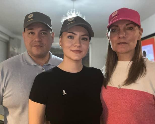 Brain cancer patient Tianna Davies with her parents Hector Gregersen and Caroline Davies