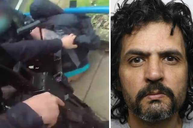 Armed officers overpower Thanki (right) who called 999 claiming to have a bomb outside a Northampton police station