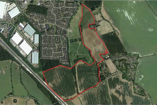 Plans to build 900 homes on the countryside next to Grange Park, highlighted in red, are set to be discussed at a public consultation next month
